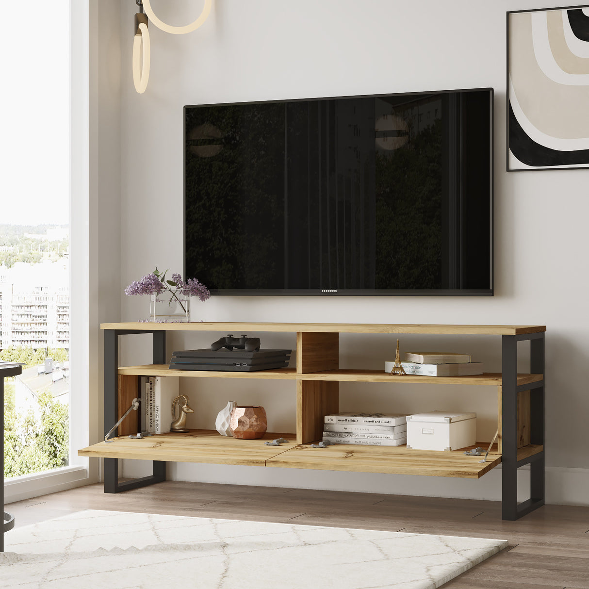 Comodă TV LV11-KE, Stejar - Negru, 140x36x56 cm