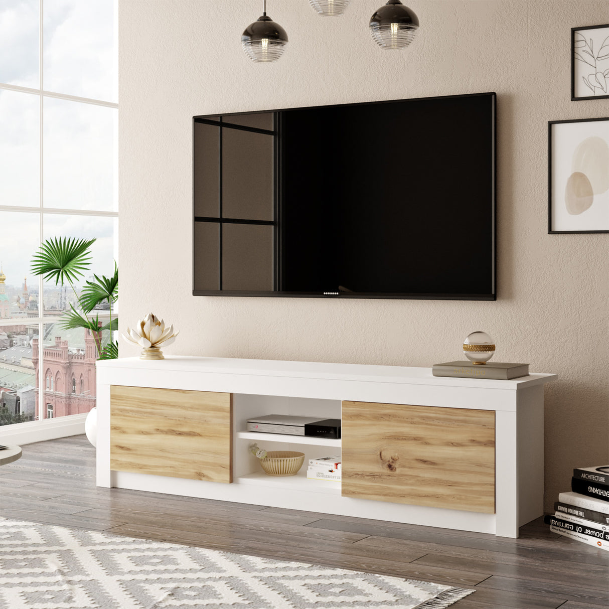 Comodă TV LV12-WK, Stejar - Alb, 160x35x45 cm