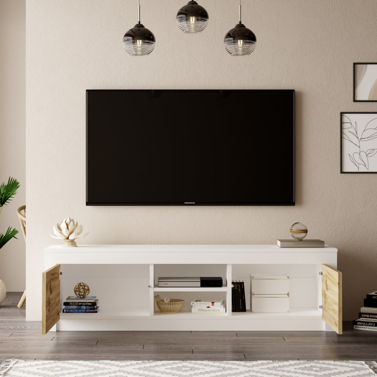 Comodă TV LV12-WK, Stejar - Alb, 160x35x45 cm