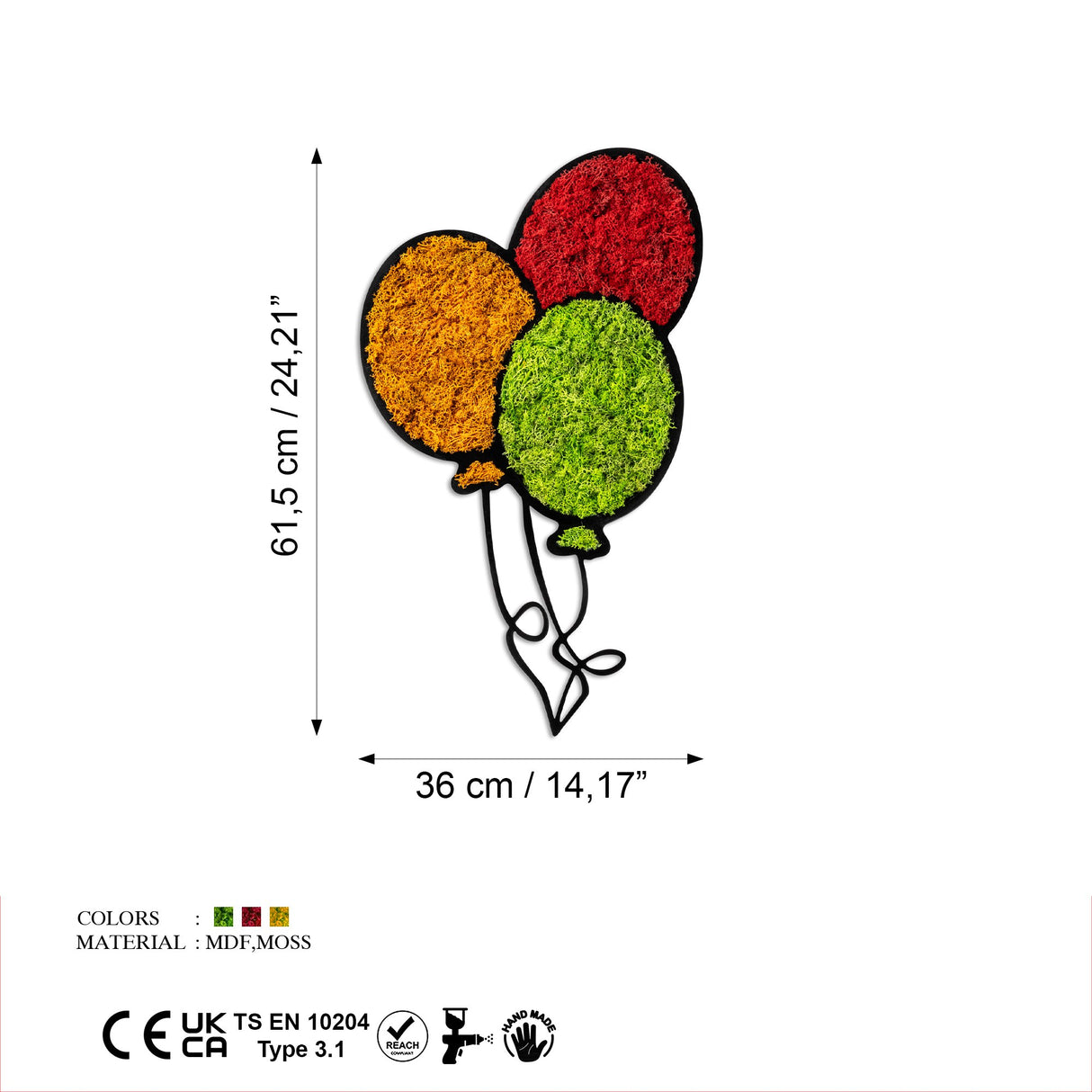 Decorațiune de perete din lemn Moss - Balloons, Roșu - Verde - Portocaliu, 62x36x1 cm