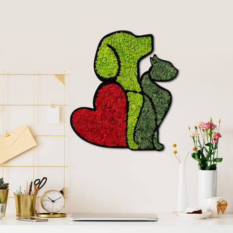 Decorațiune de perete din lemn Moss - Dog & Cat Lover, Roșu - Verde, 48x43x1 cm