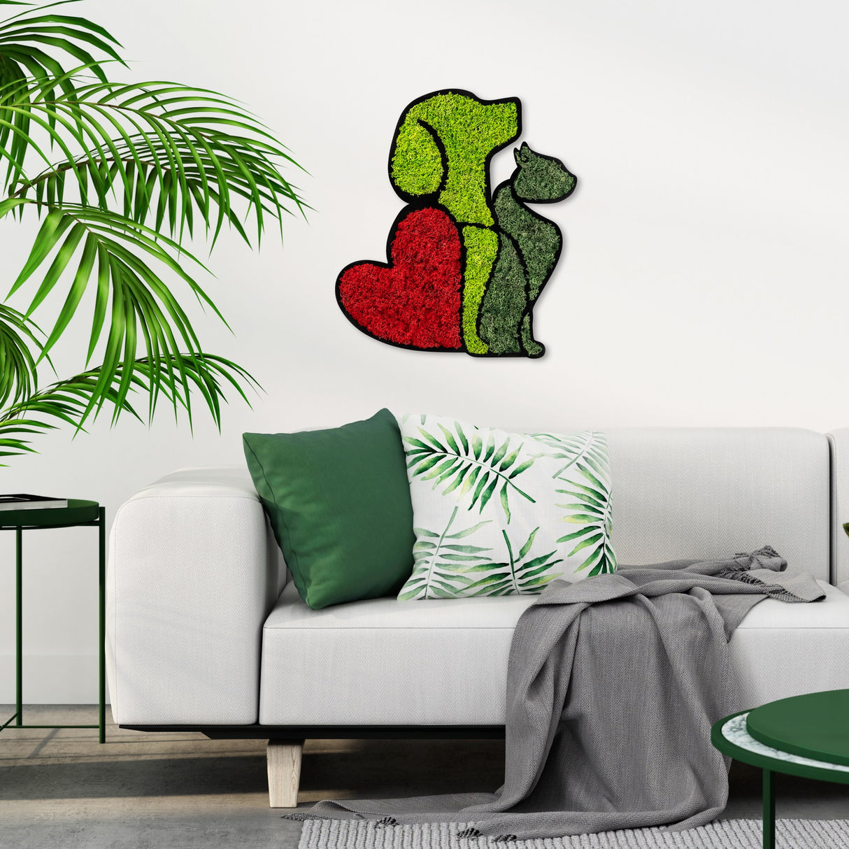 Decorațiune de perete din lemn Moss - Dog & Cat Lover, Roșu - Verde, 48x43x1 cm