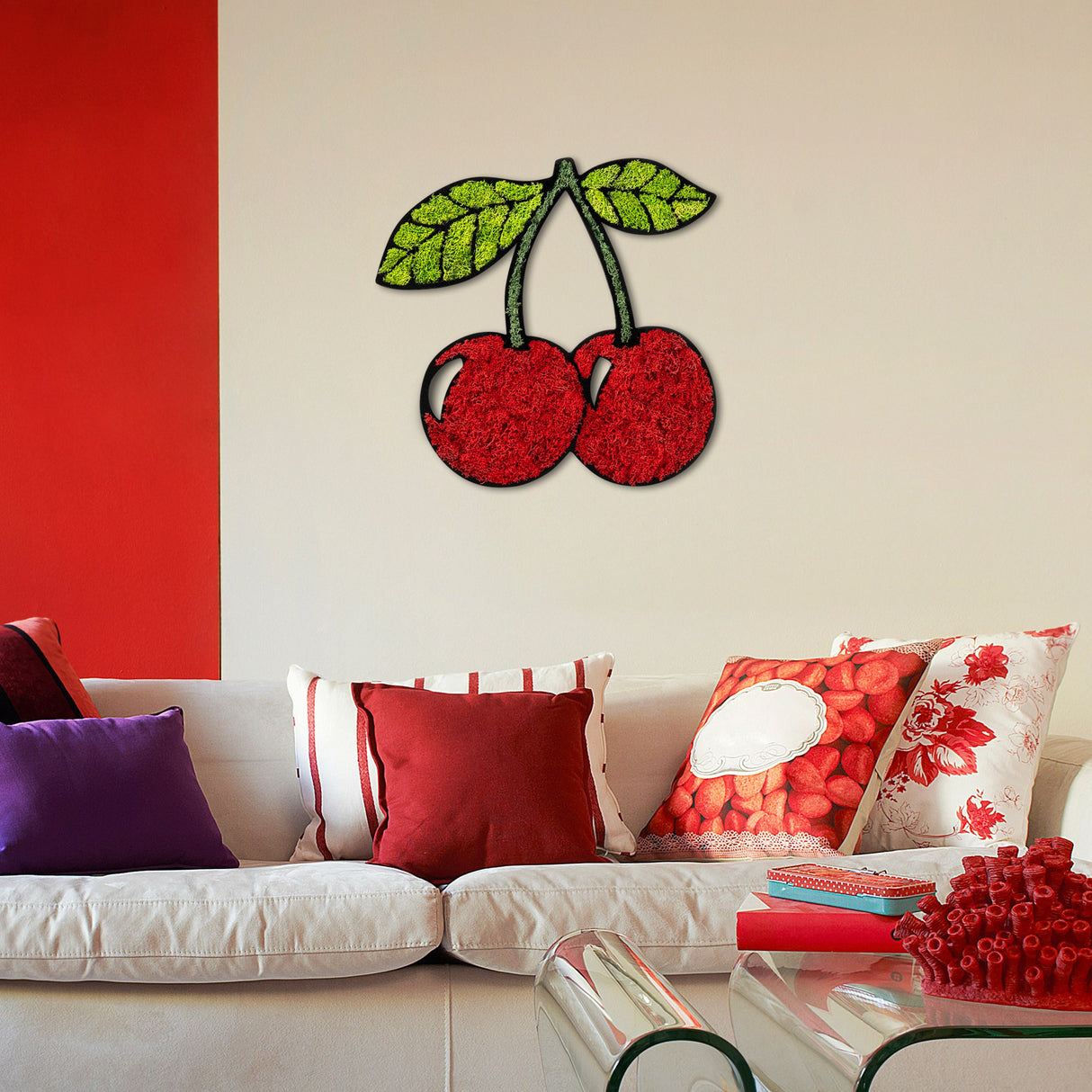 Decorațiune de perete din lemn Moss - Cherry, Roșu - Verde, 40x42x1 cm