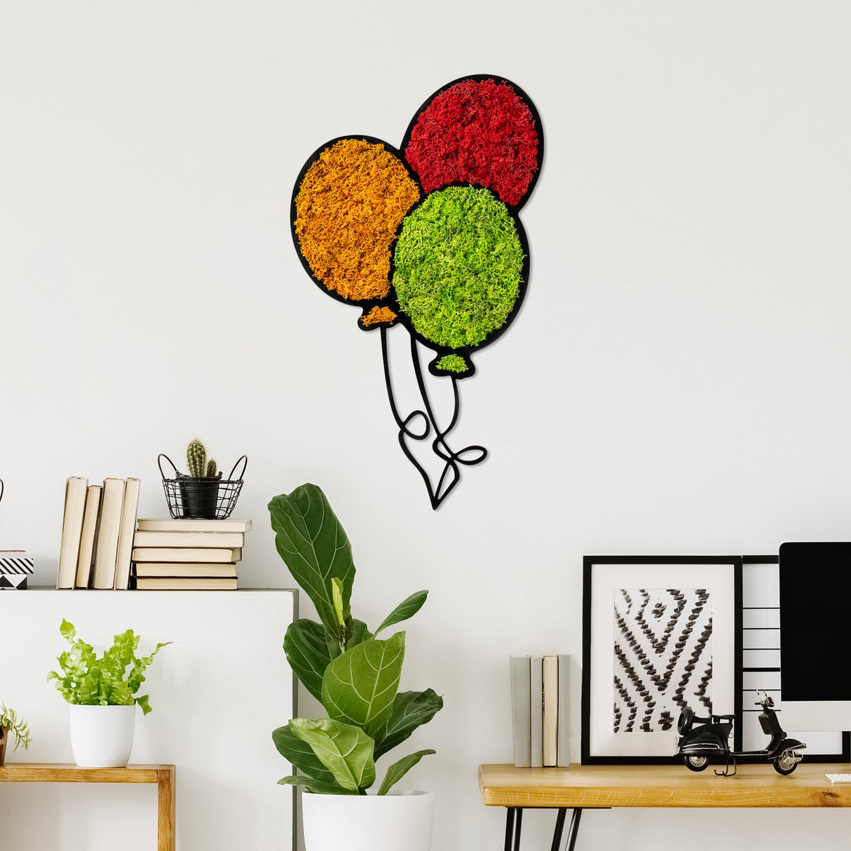 Decorațiune de perete din lemn Moss - Balloons, Roșu - Verde - Portocaliu, 62x36x1 cm