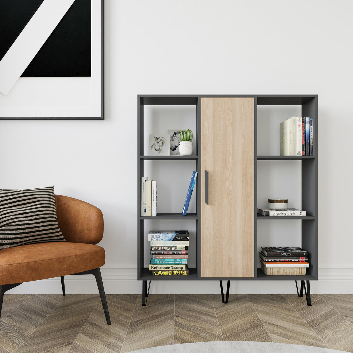 Bibliotecă Peoria, Stejar - Antracit, 120x25x142 cm