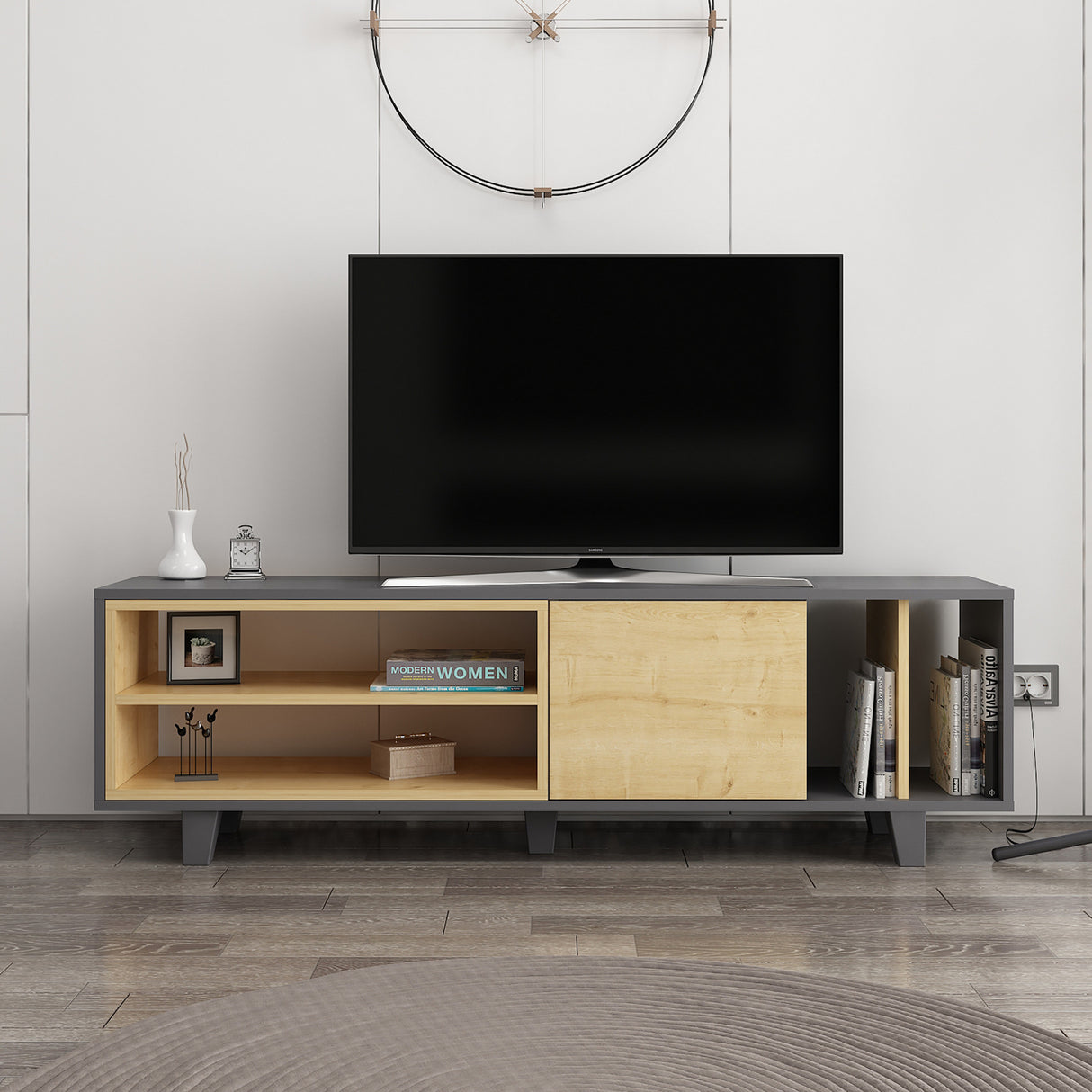 Comodă TV Rosmar, Stejar - Antracit, 160x35x49 cm
