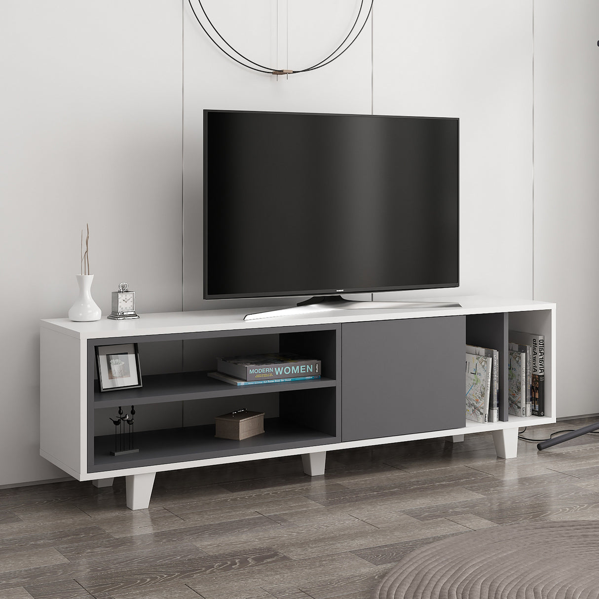 Comodă TV Rosmar, Alb - Antracit, 160x35x49 cm