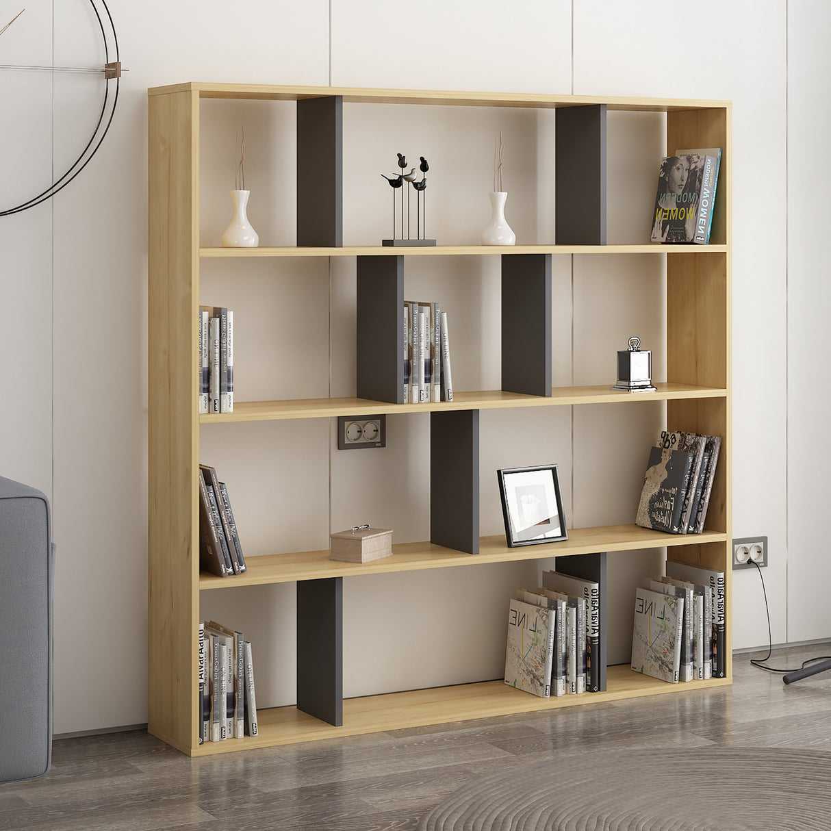 Bibliotecă Hodbi, Stejar - Antracit, 145x25x145 cm