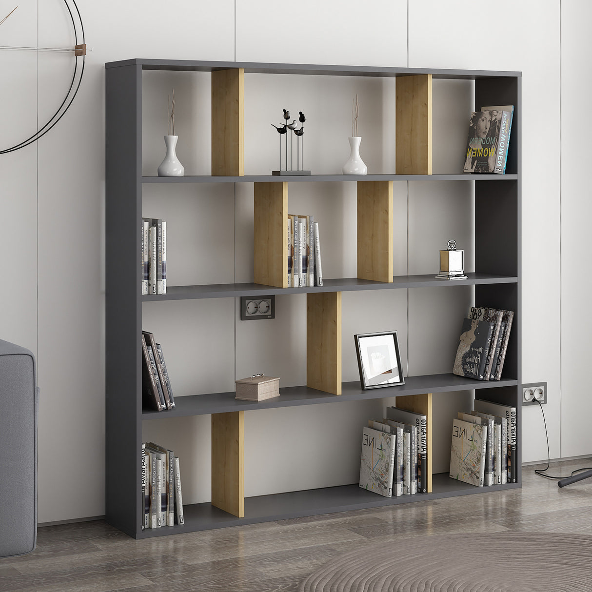 Bibliotecă Hodbi, Stejar - Antracit, 145x25x145 cm