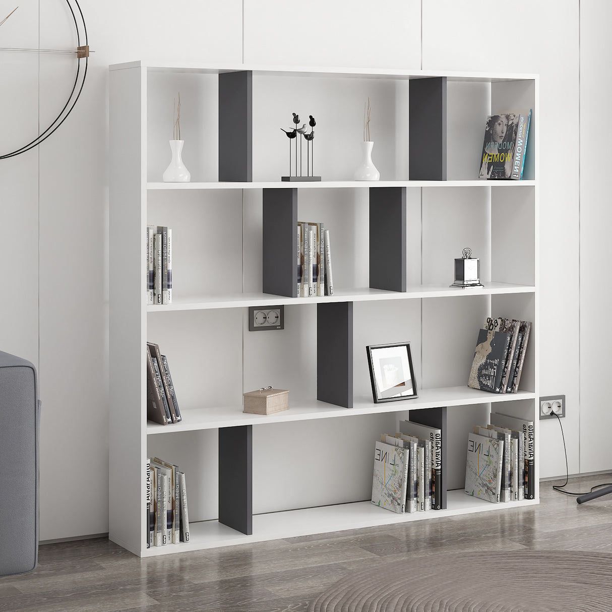 Bibliotecă Hodbi, Alb - Antracit, 145x25x145 cm