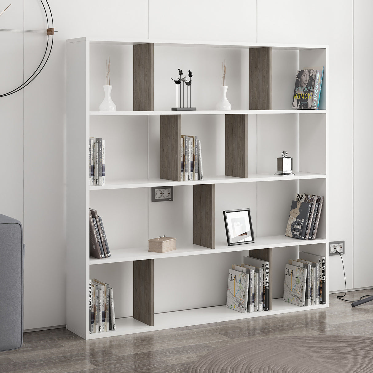 Bibliotecă Hodbi, Alb - Wenge, 145x25x145 cm