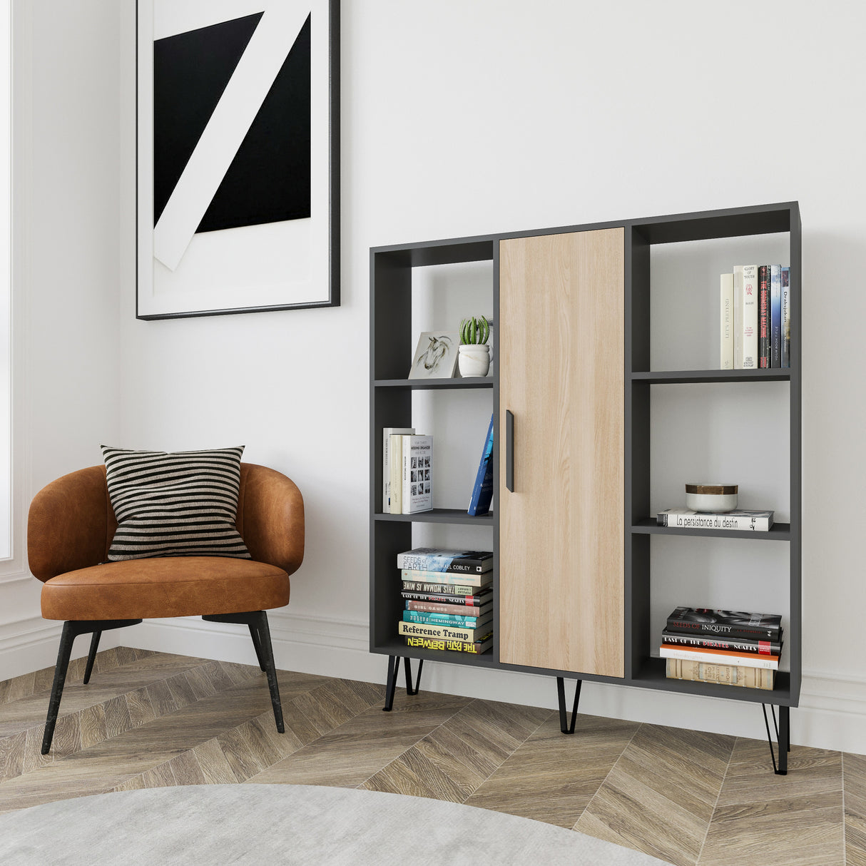 Bibliotecă Peoria, Stejar - Antracit, 120x25x142 cm