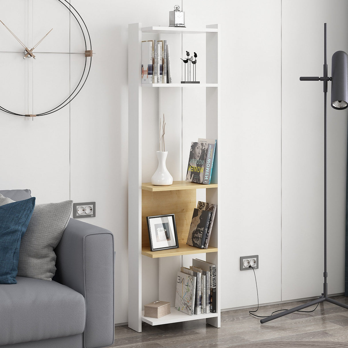 Bibliotecă Abis Narrow, Diverse culori, 44x27x165 cm - Alb - Stejar | SKU: 935CMN1151 | Bibliotecă Abis Narrow, 44x27x165 cm, varianta Alb - Stejar, produs pentru amenajarea locuinței, disponibil online în România la CasaMob