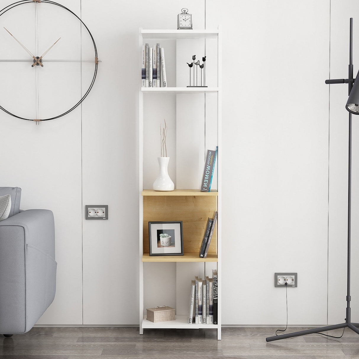 Bibliotecă Abis Narrow, Diverse culori, 44x27x165 cm - Alb - Stejar | SKU: 935CMN1151 | Bibliotecă Abis Narrow, 44x27x165 cm, varianta Alb - Stejar, produs pentru amenajarea locuinței, disponibil online în România la CasaMob