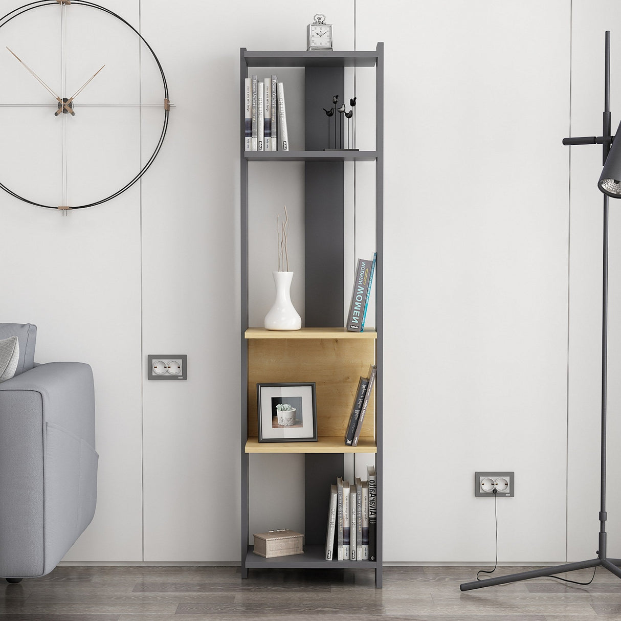 Bibliotecă Abis Narrow, Diverse culori, 44x27x165 cm - Antracit - Stejar | SKU: 935CMN1153 | Bibliotecă Abis Narrow, 44x27x165 cm, varianta Antracit - Stejar, produs pentru amenajarea locuinței, disponibil online în România la CasaMob