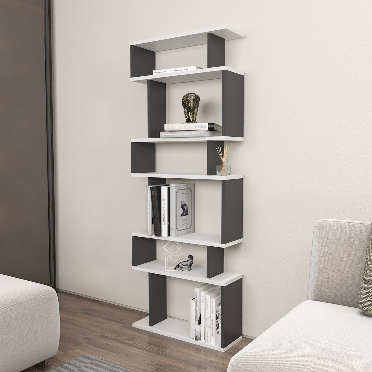 Bibliotecă Bates, Diverse culori, 60x20x160 cm - Alb - Antracit | SKU: 935CMN1175 | Bibliotecă Bates, 60x20x160 cm, varianta Alb - Antracit, produs pentru amenajarea locuinței, disponibil online în România la CasaMob