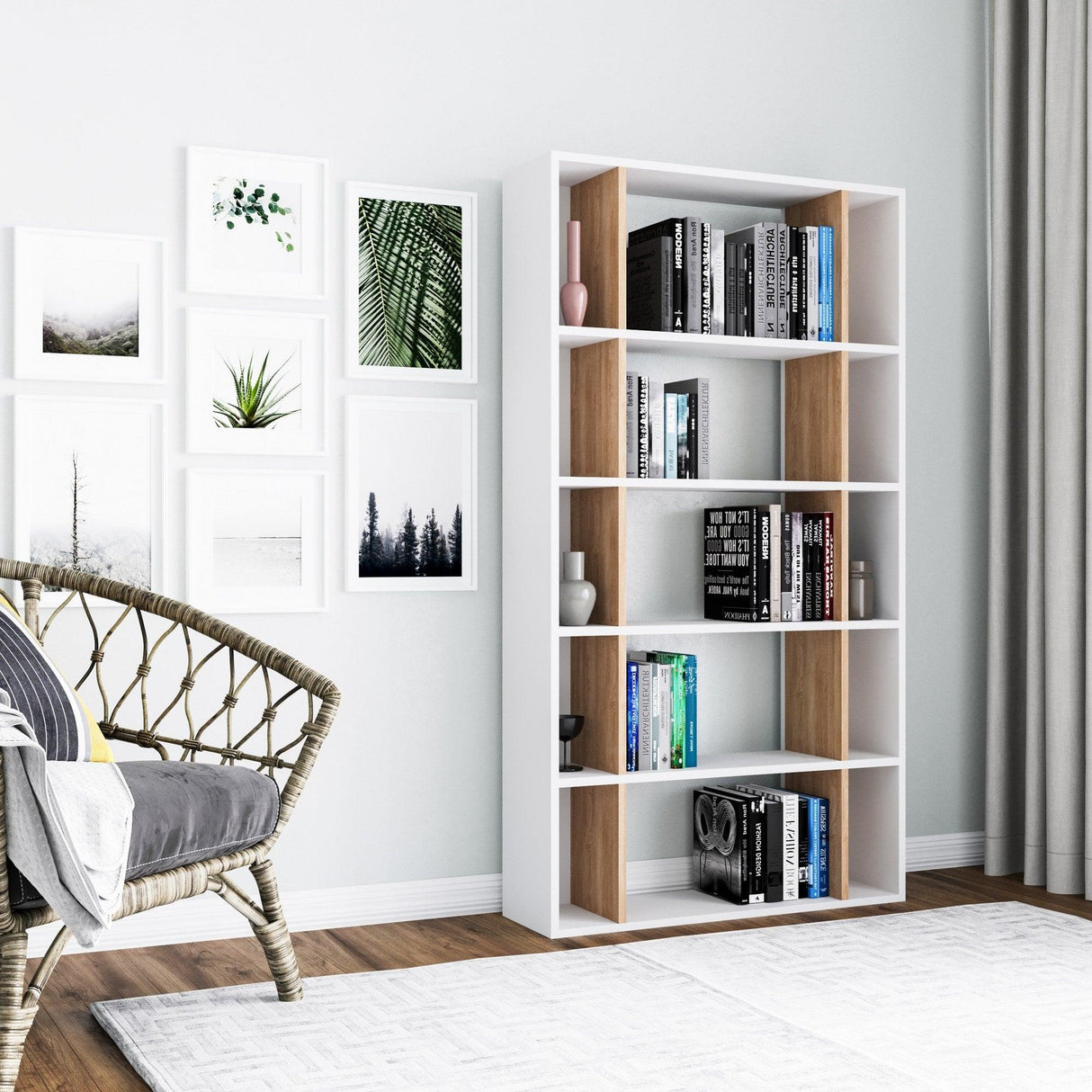 Bibliotecă Sanborn, Diverse culori, 90x25x164 cm - Alb - Stejar | SKU: 935CMN1229 | Bibliotecă Sanborn, 90x25x164 cm, varianta Alb - Stejar, produs pentru amenajarea locuinței, disponibil online în România la CasaMob