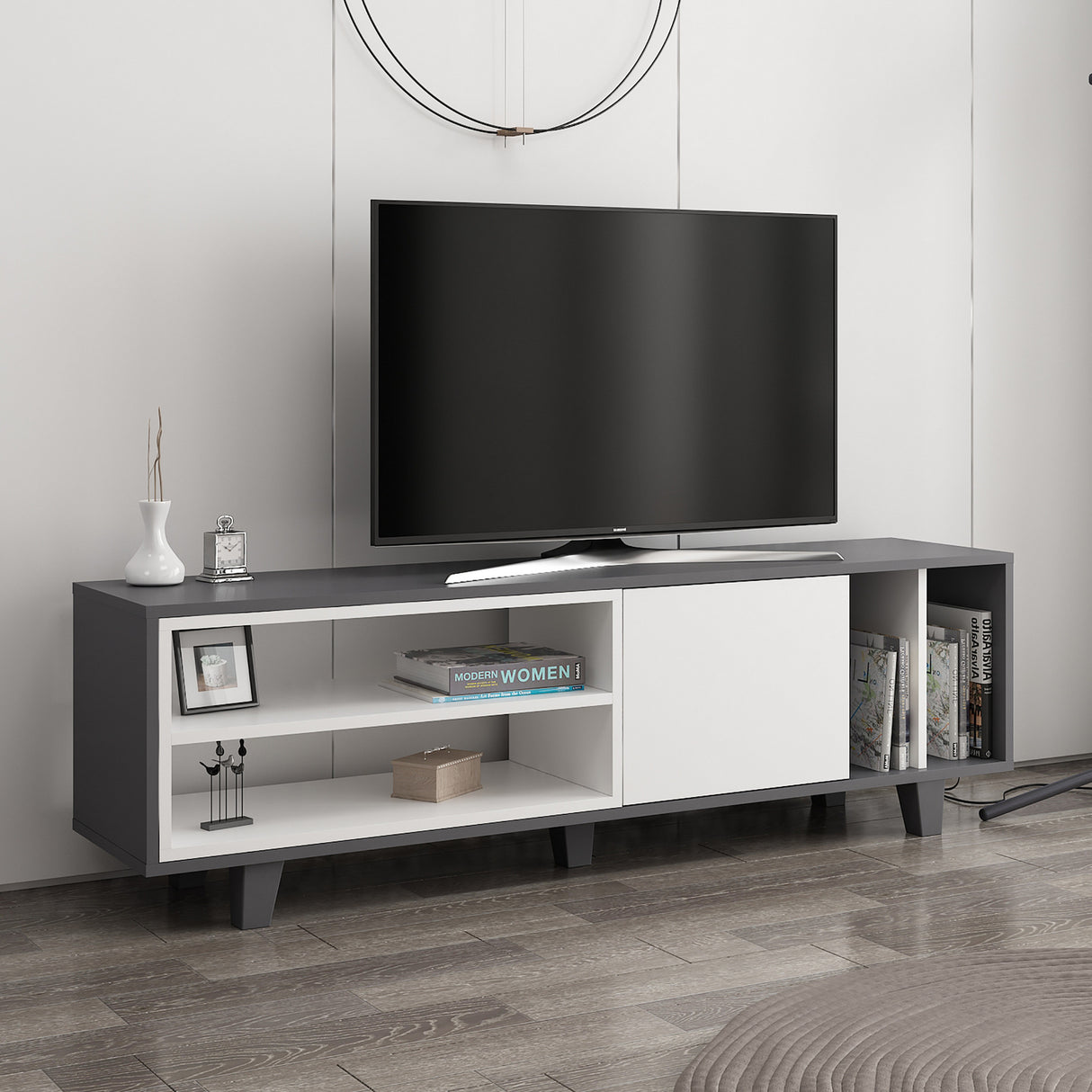 Comodă TV Rosmar, Alb - Antracit, 160x35x49 cm
