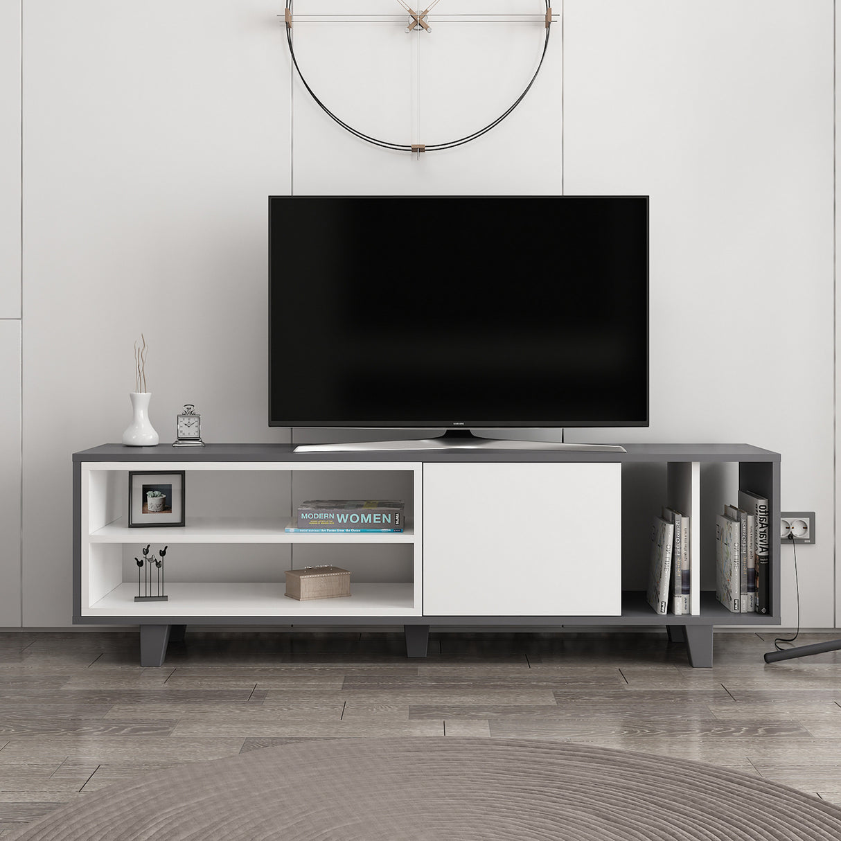 Comodă TV Rosmar, Alb - Antracit, 160x35x49 cm
