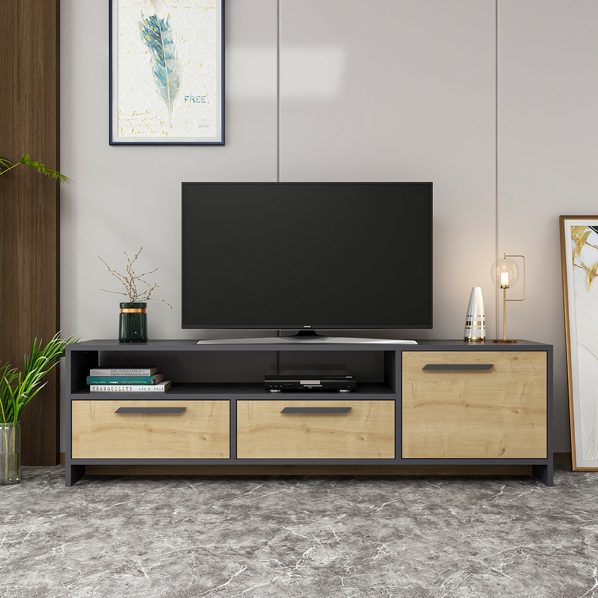 Comodă TV Tyson, Stejar - Antracit, 160x36x46 cm