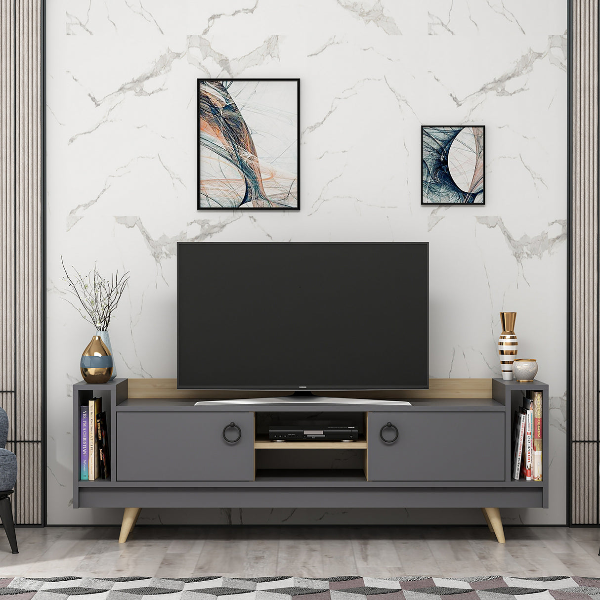 Comodă TV Tyler, Stejar - Antracit, 160x36x54 cm