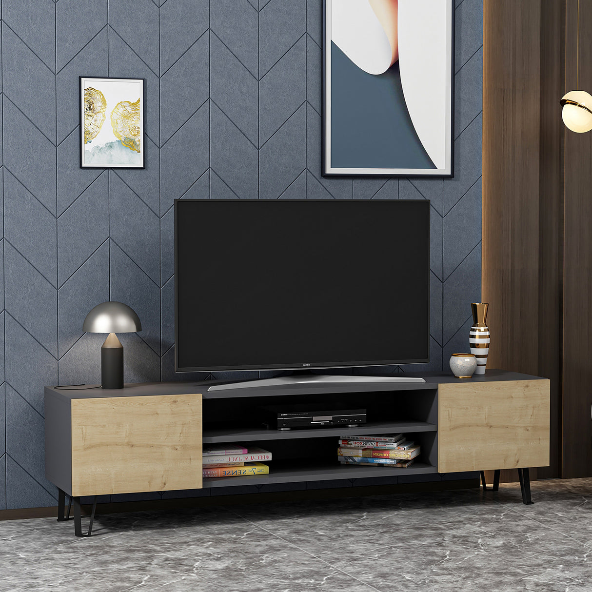 Comodă TV Bloom, Stejar - Antracit, 160x37x47 cm