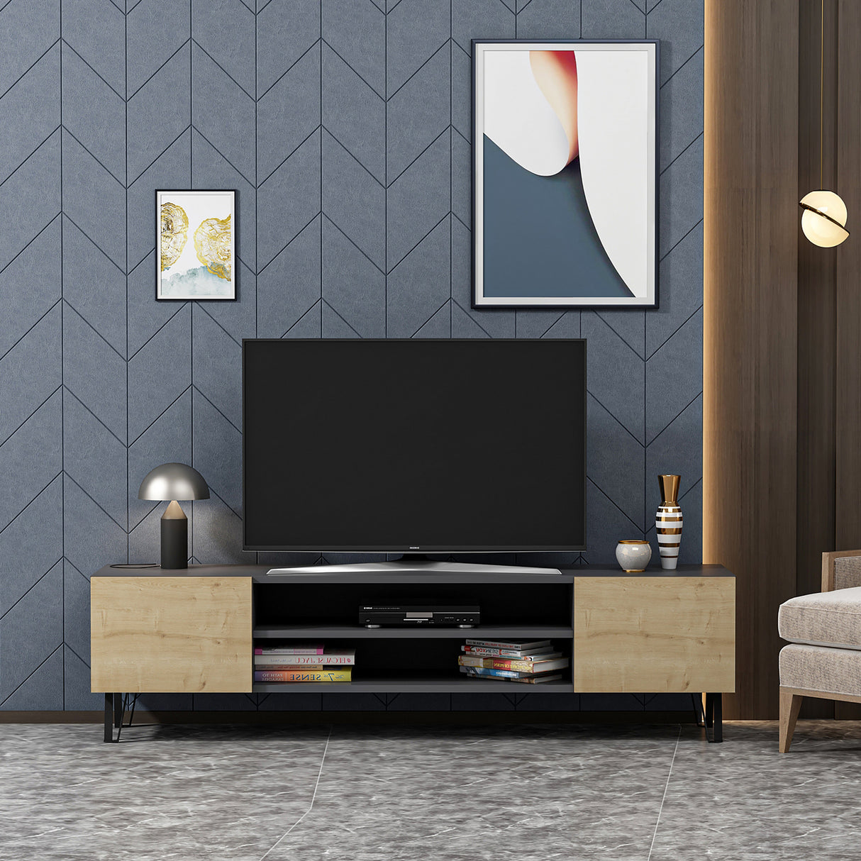 Comodă TV Bloom, Stejar - Antracit, 160x37x47 cm