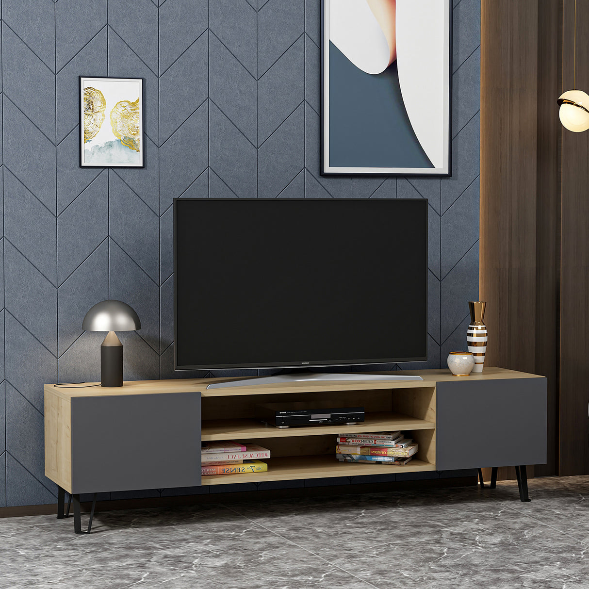 Comodă TV Bloom, Stejar - Antracit, 160x37x47 cm