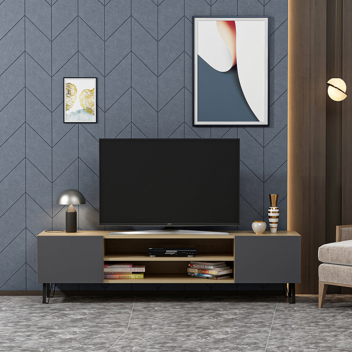 Comodă TV Bloom, Stejar - Antracit, 160x37x47 cm
