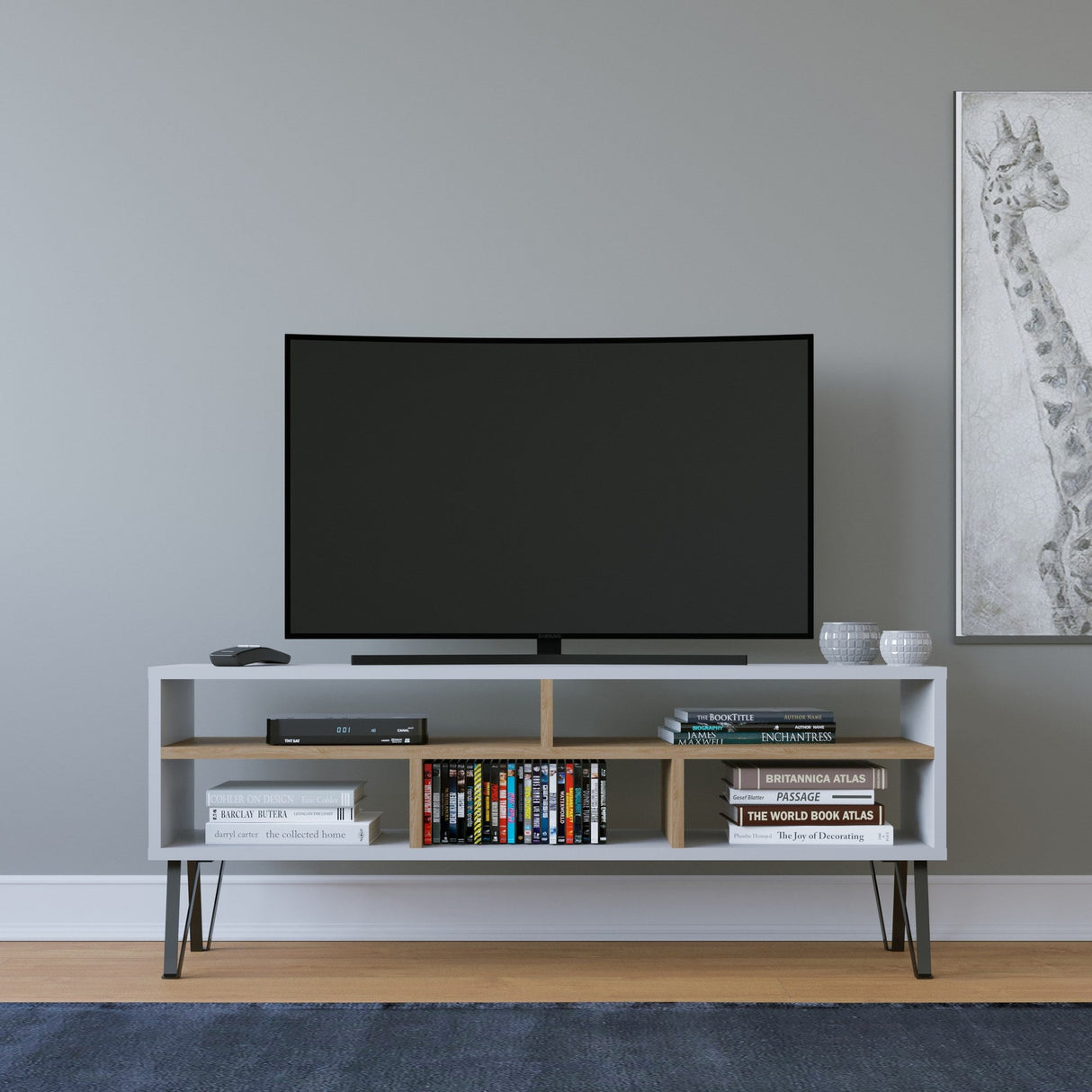 Comodă TV Ebuda, Diverse culori, 120x25x47 cm - Alb - Stejar | SKU: 935CMN1427 | Comodă TV Ebuda, 120x25x47 cm, varianta Alb - Stejar, produs pentru amenajarea locuinței, disponibil online în România la CasaMob