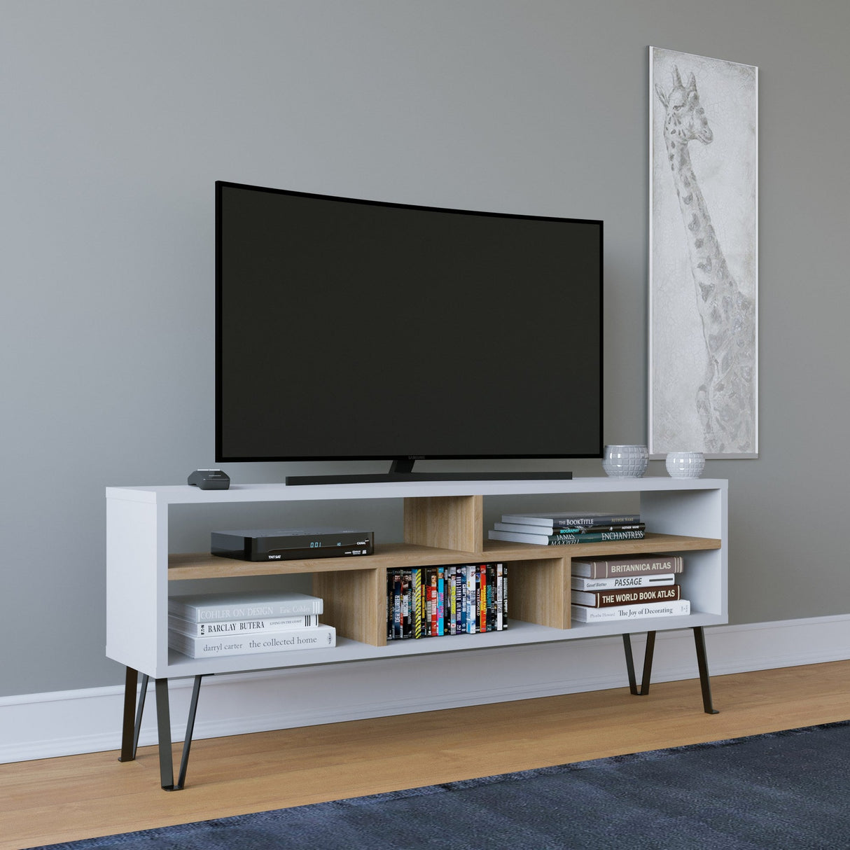 Comodă TV Ebuda, Diverse culori, 120x25x47 cm - Alb - Stejar | SKU: 935CMN1427 | Comodă TV Ebuda, 120x25x47 cm, varianta Alb - Stejar, produs pentru amenajarea locuinței, disponibil online în România la CasaMob