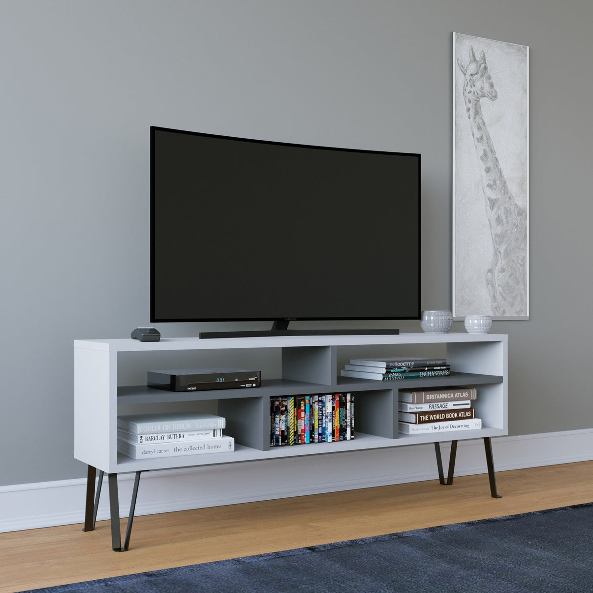 Comodă TV Ebuda, Diverse culori, 120x25x47 cm - Alb - Antracit | SKU: 935CMN1428 | Comodă TV Ebuda, 120x25x47 cm, varianta Alb - Antracit, produs pentru amenajarea locuinței, disponibil online în România la CasaMob
