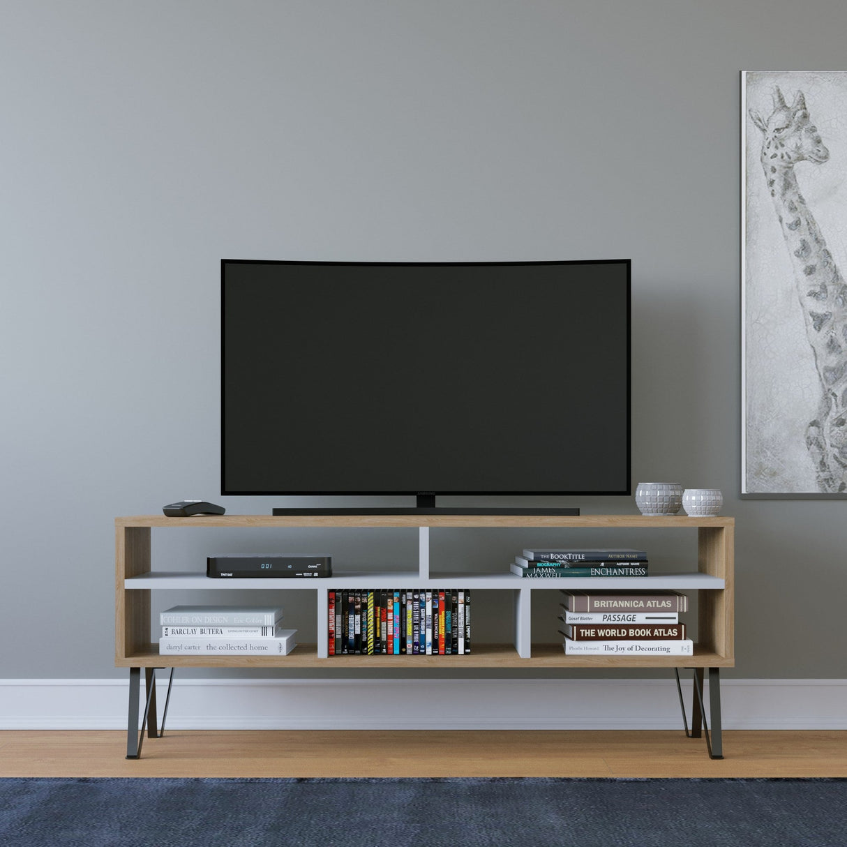 Comodă TV Ebuda, Diverse culori, 120x25x47 cm - Stejar - Alb | SKU: 935CMN1429 | Comodă TV Ebuda, 120x25x47 cm, varianta Stejar - Alb, produs pentru amenajarea locuinței, disponibil online în România la CasaMob