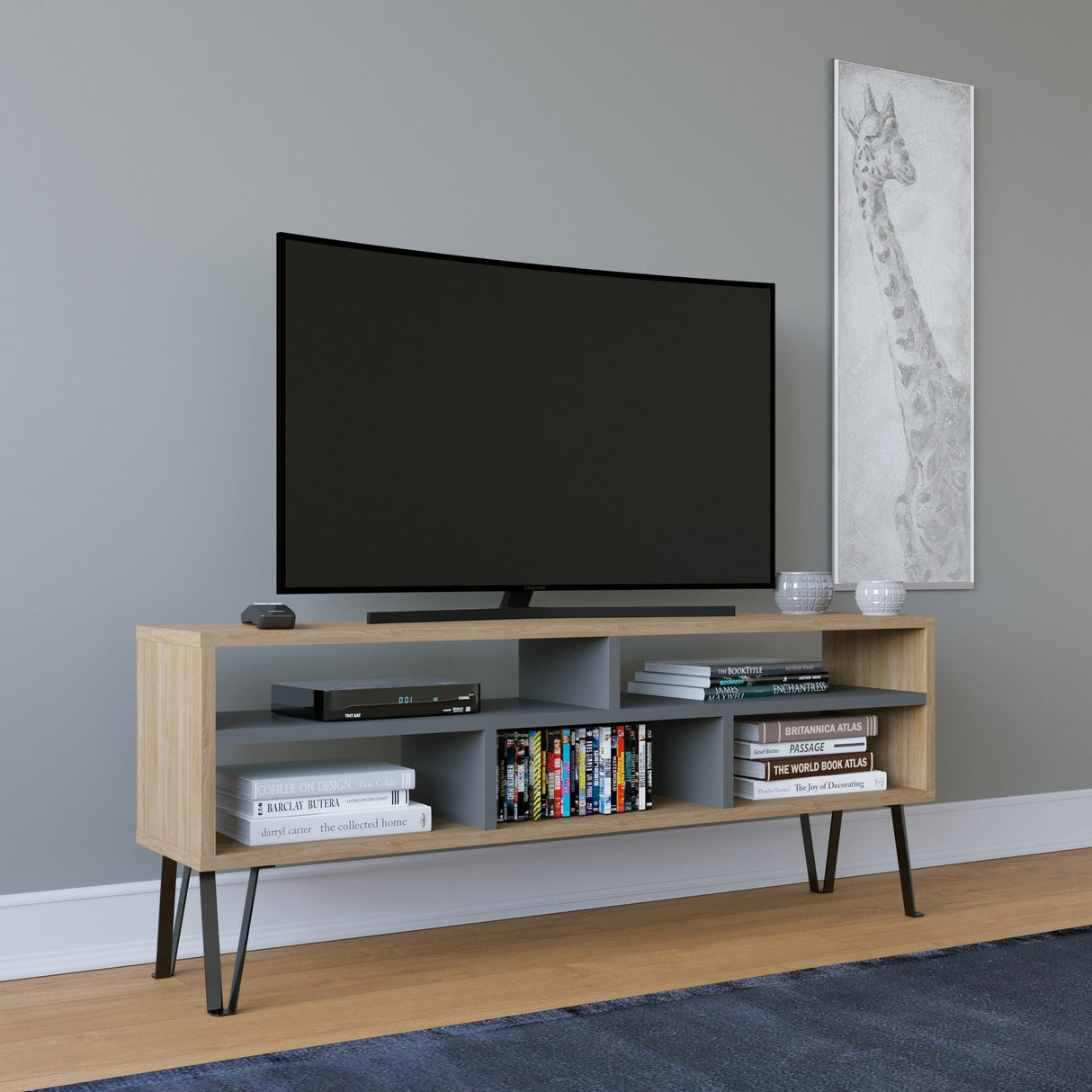 Comodă TV Ebuda, Diverse culori, 120x25x47 cm - Stejar - Antracit | SKU: 935CMN1431 | Comodă TV Ebuda, 120x25x47 cm, varianta Stejar - Antracit, produs pentru amenajarea locuinței, disponibil online în România la CasaMob