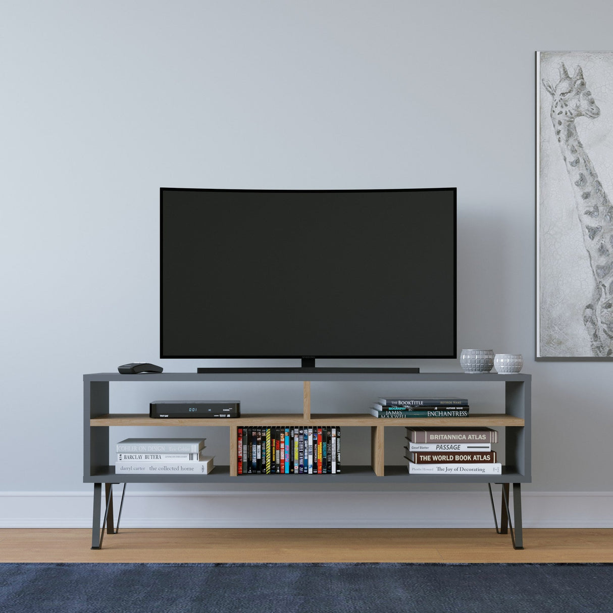 Comodă TV Ebuda, Diverse culori, 120x25x47 cm - Antracit - Stejar | SKU: 935CMN1433 | Comodă TV Ebuda, 120x25x47 cm, varianta Antracit - Stejar, produs pentru amenajarea locuinței, disponibil online în România la CasaMob