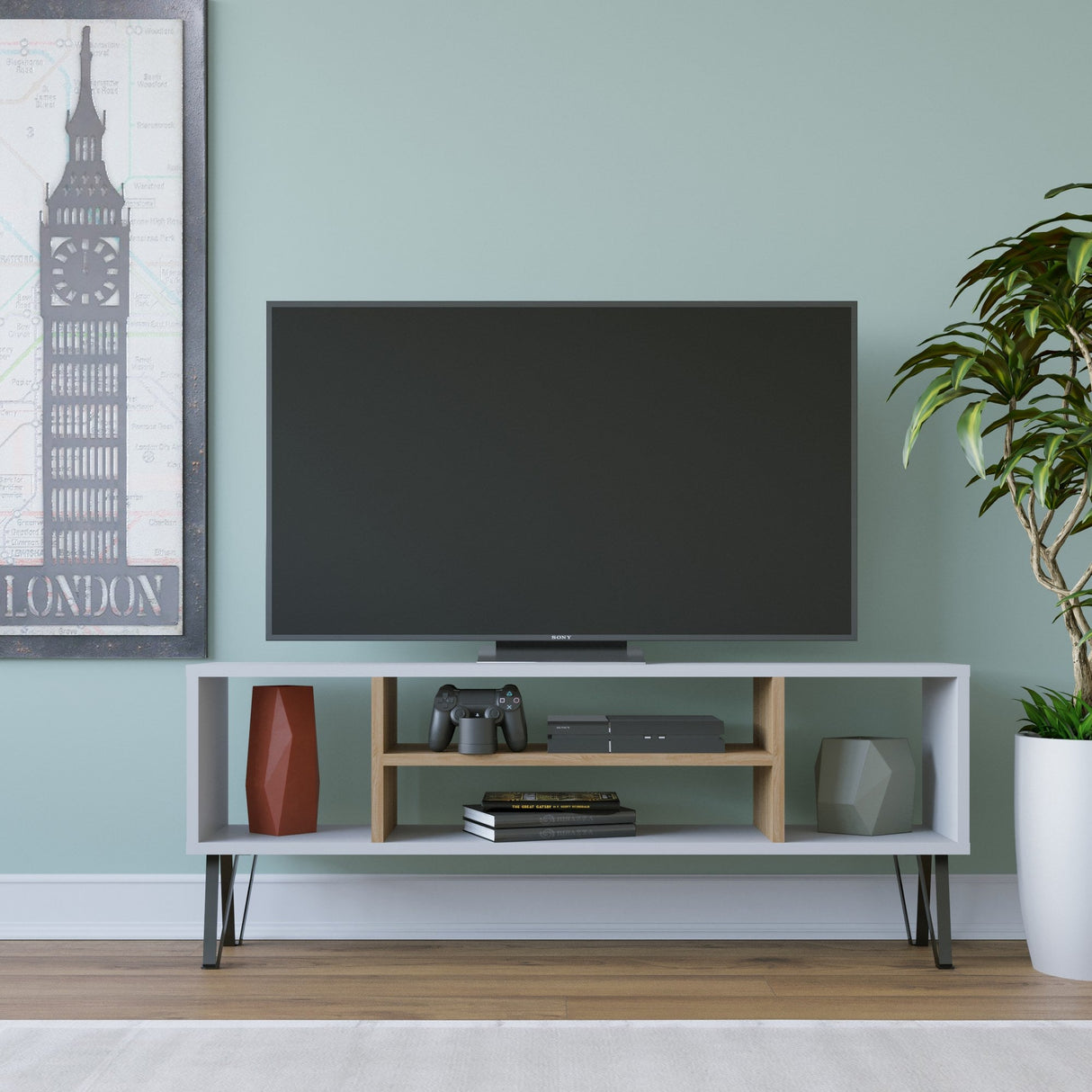 Comodă TV Garvin, Diverse culori, 120x25x47 cm - Alb - Stejar | SKU: 935CMN1436 | Comodă TV Garvin, 120x25x47 cm, varianta Alb - Stejar, produs pentru amenajarea locuinței, disponibil online în România la CasaMob