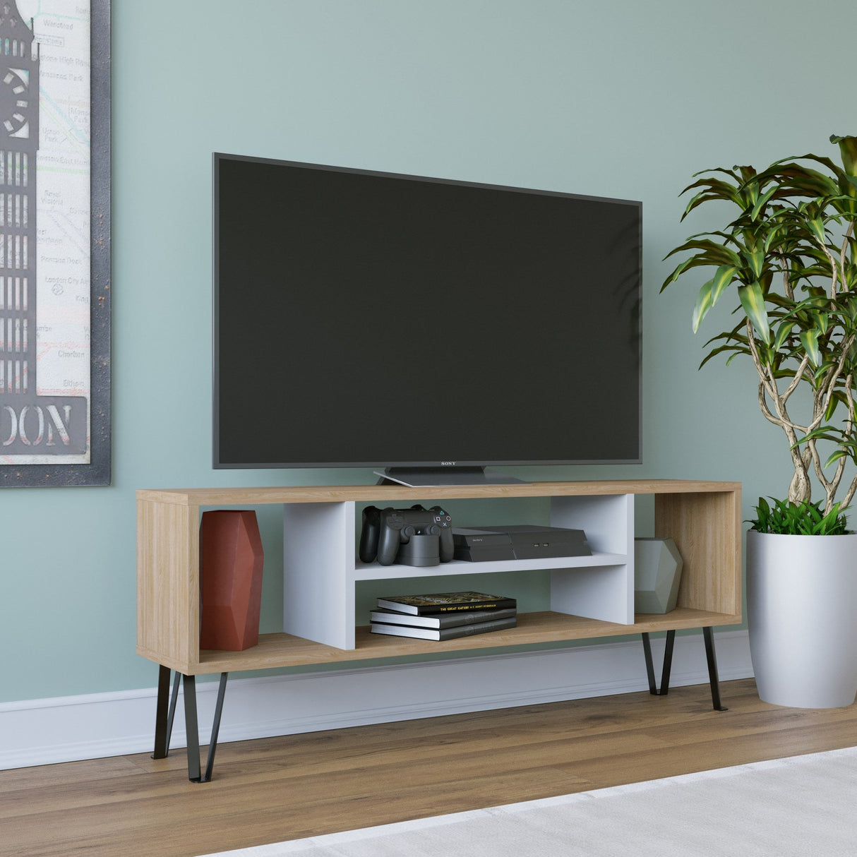 Comodă TV Garvin, Diverse culori, 120x25x47 cm - Stejar - Alb | SKU: 935CMN1438 | Comodă TV Garvin, 120x25x47 cm, varianta Stejar - Alb, produs pentru amenajarea locuinței, disponibil online în România la CasaMob