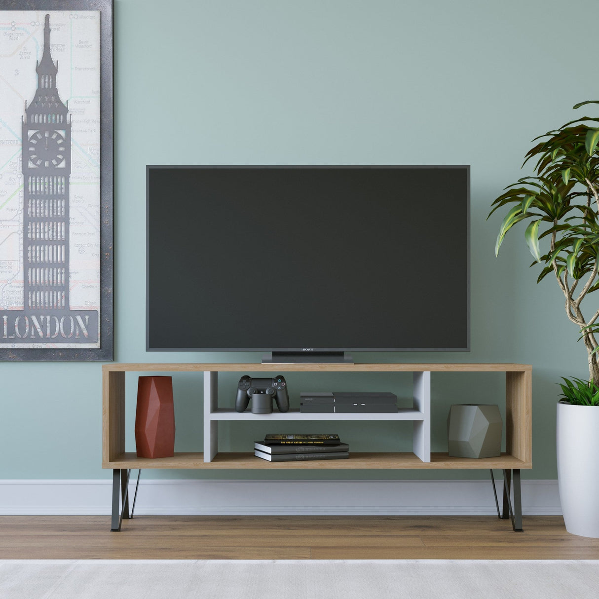 Comodă TV Garvin, Diverse culori, 120x25x47 cm - Stejar - Alb | SKU: 935CMN1438 | Comodă TV Garvin, 120x25x47 cm, varianta Stejar - Alb, produs pentru amenajarea locuinței, disponibil online în România la CasaMob