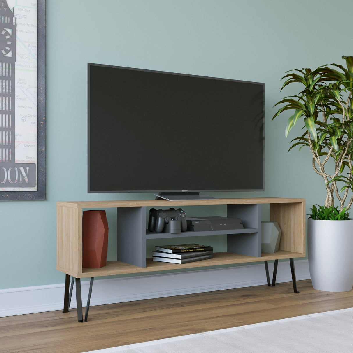 Comodă TV Garvin, Diverse culori, 120x25x47 cm - Stejar - Antracit | SKU: 935CMN1440 | Comodă TV Garvin, 120x25x47 cm, varianta Stejar - Antracit, produs pentru amenajarea locuinței, disponibil online în România la CasaMob