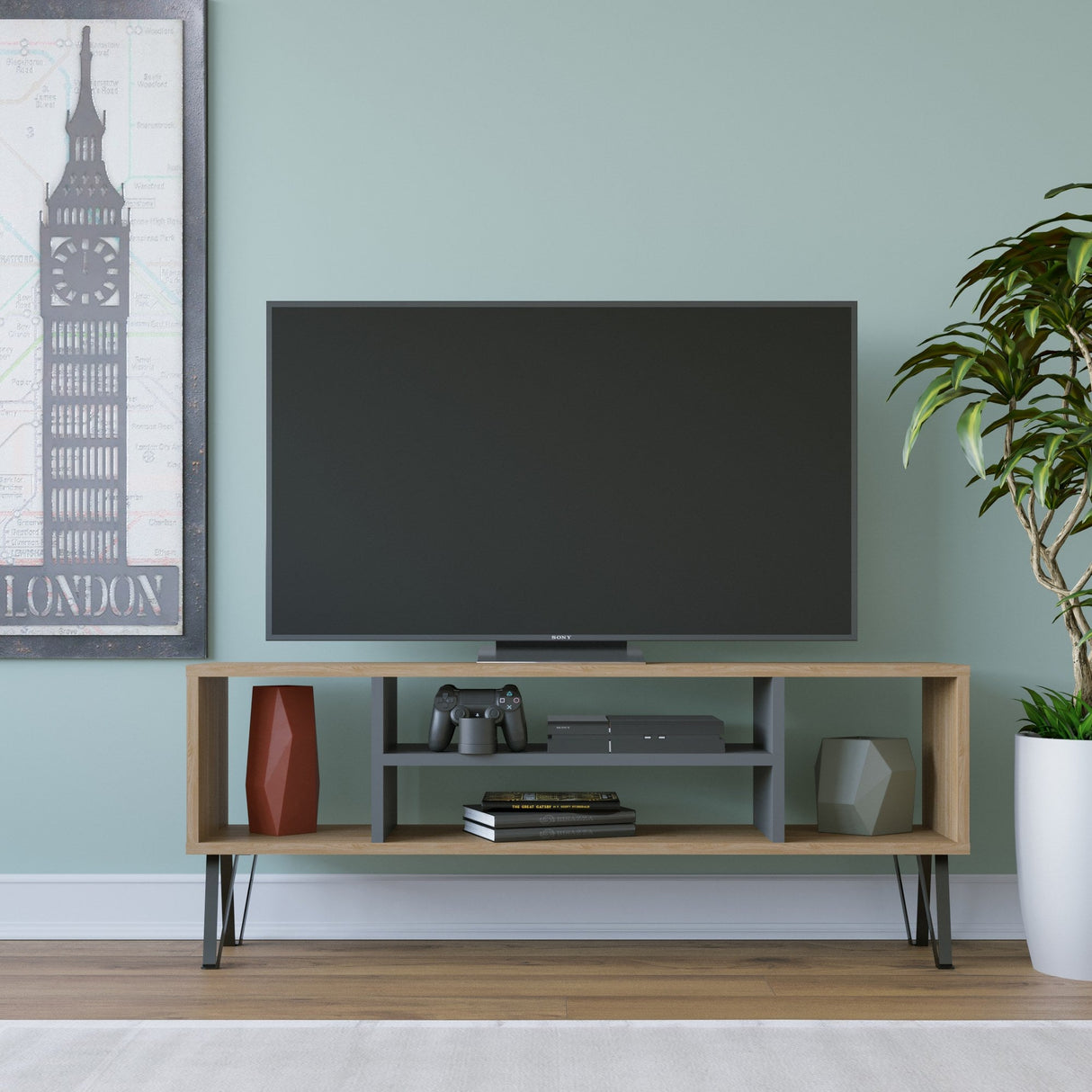 Comodă TV Garvin, Diverse culori, 120x25x47 cm - Stejar - Antracit | SKU: 935CMN1440 | Comodă TV Garvin, 120x25x47 cm, varianta Stejar - Antracit, produs pentru amenajarea locuinței, disponibil online în România la CasaMob