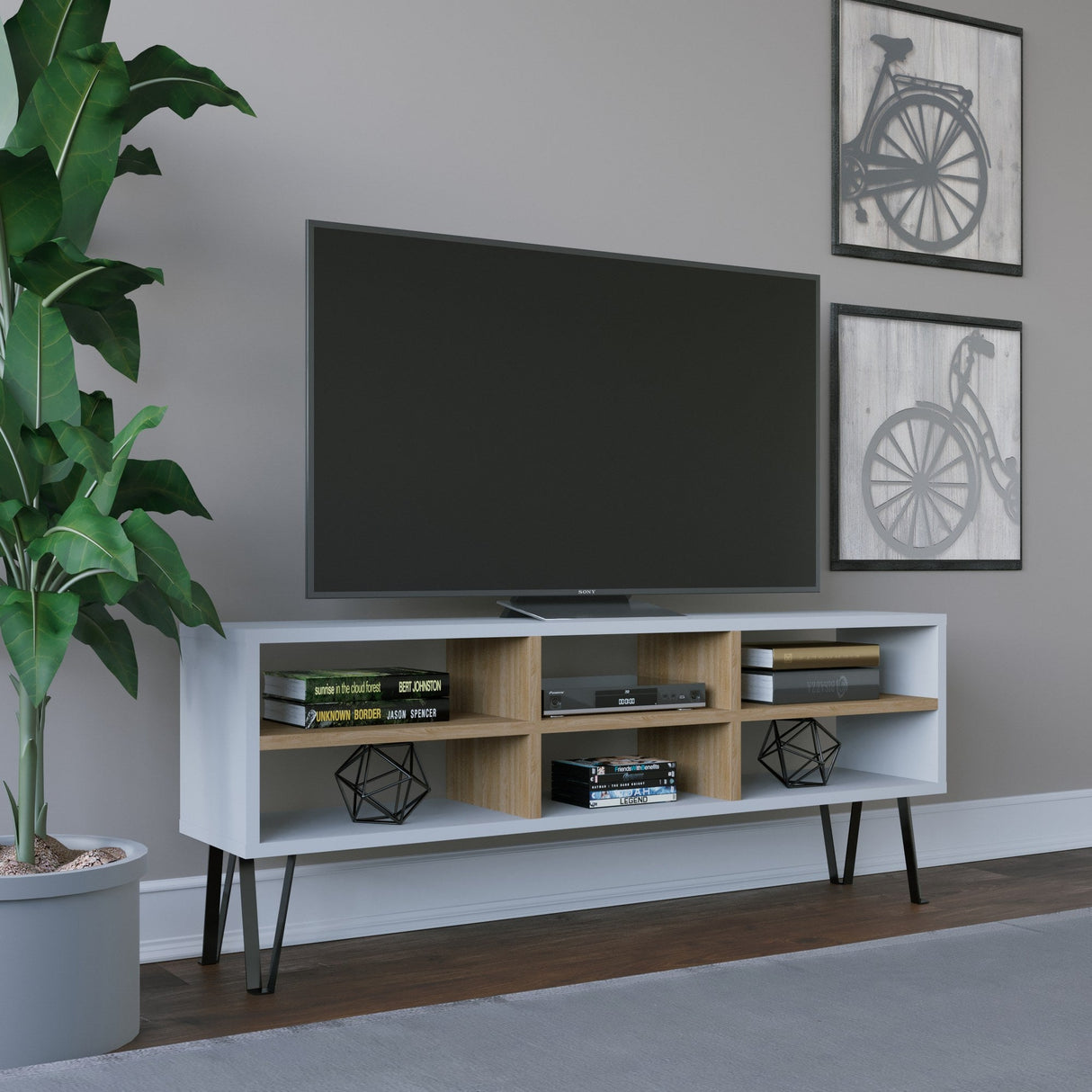 Comodă TV Judd, Diverse culori, 120x25x47 cm - Alb - Stejar | SKU: 935CMN1445 | Comodă TV Judd, 120x25x47 cm, varianta Alb - Stejar, produs pentru amenajarea locuinței, disponibil online în România la CasaMob