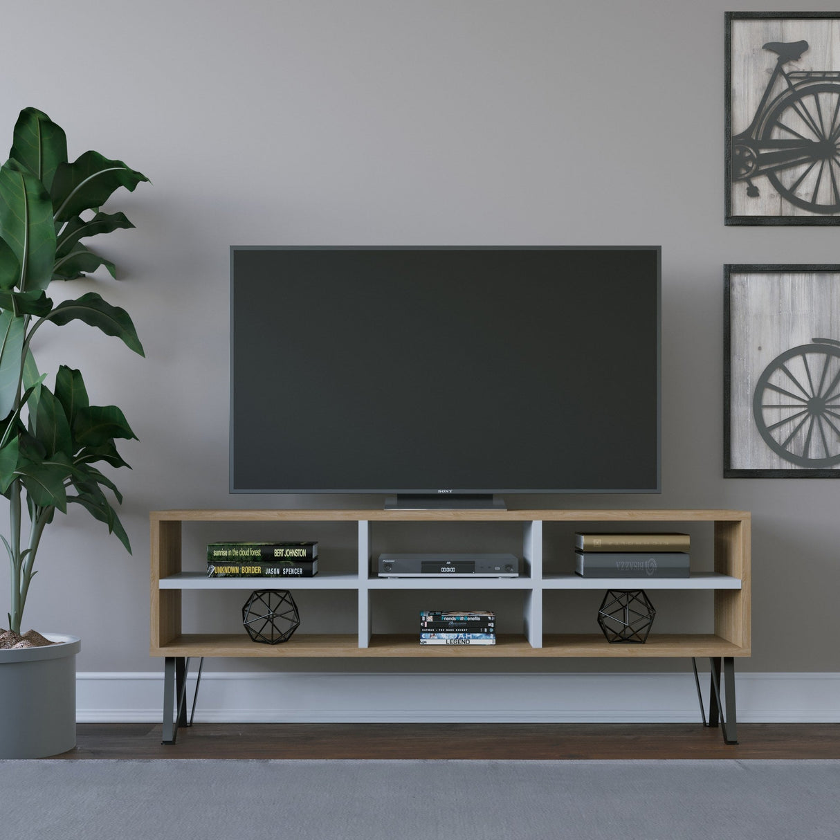 Comodă TV Judd, Diverse culori, 120x25x47 cm - Stejar - Alb | SKU: 935CMN1447 | Comodă TV Judd, 120x25x47 cm, varianta Stejar - Alb, produs pentru amenajarea locuinței, disponibil online în România la CasaMob