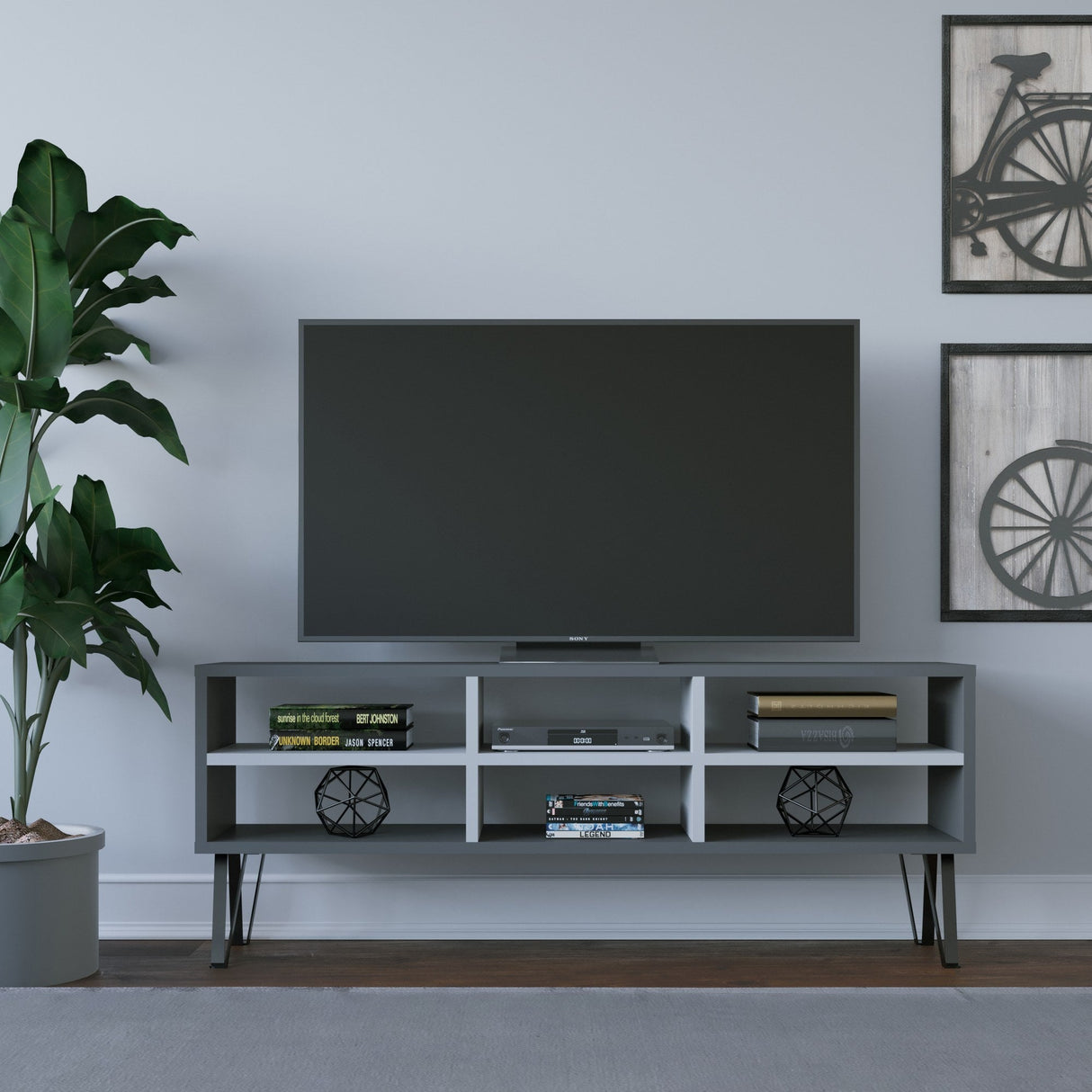 Comodă TV Judd, Diverse culori, 120x25x47 cm - Antracit - Alb | SKU: 935CMN1450 | Comodă TV Judd, 120x25x47 cm, varianta Antracit - Alb, produs pentru amenajarea locuinței, disponibil online în România la CasaMob