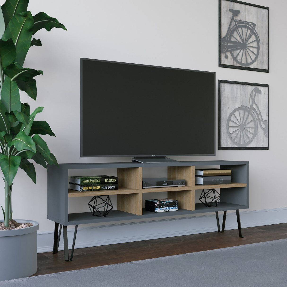 Comodă TV Judd, Diverse culori, 120x25x47 cm - Antracit - Stejar | SKU: 935CMN1451 | Comodă TV Judd, 120x25x47 cm, varianta Antracit - Stejar, produs pentru amenajarea locuinței, disponibil online în România la CasaMob