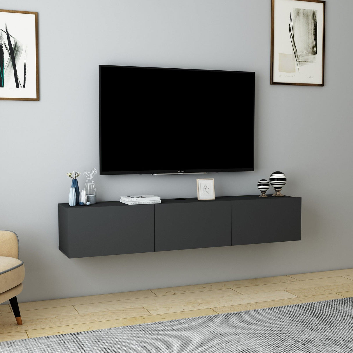Comodă TV Denby, Diverse culori, 160x31x30 cm - Antracit | SKU: 935CMN1453 | Comodă TV Denby, 160x31x30 cm, varianta Antracit, produs pentru amenajarea locuinței, disponibil online în România la CasaMob