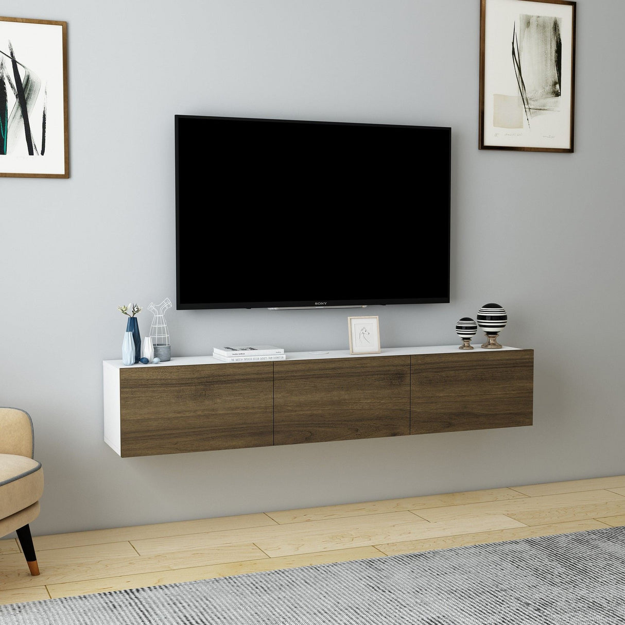 Comodă TV Denby, Diverse culori, 160x31x30 cm - Alb - Nuc | SKU: 935CMN1458 | Comodă TV Denby, 160x31x30 cm, varianta Alb - Nuc, produs pentru amenajarea locuinței, disponibil online în România la CasaMob