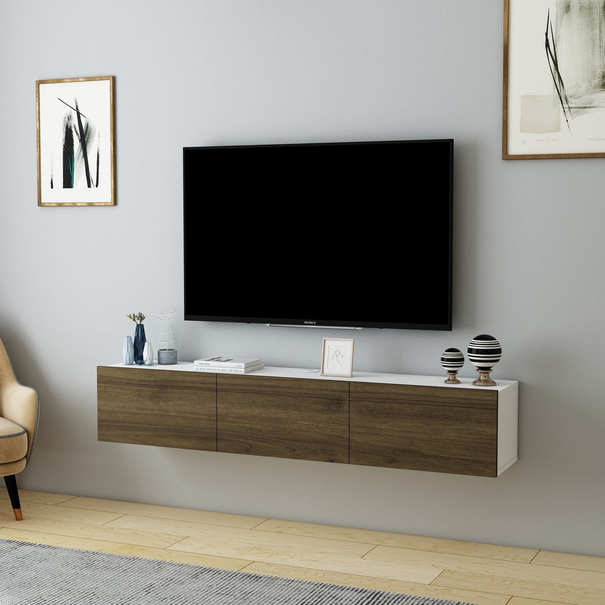 Comodă TV Denby, Diverse culori, 160x31x30 cm - Alb - Nuc | SKU: 935CMN1458 | Comodă TV Denby, 160x31x30 cm, varianta Alb - Nuc, produs pentru amenajarea locuinței, disponibil online în România la CasaMob
