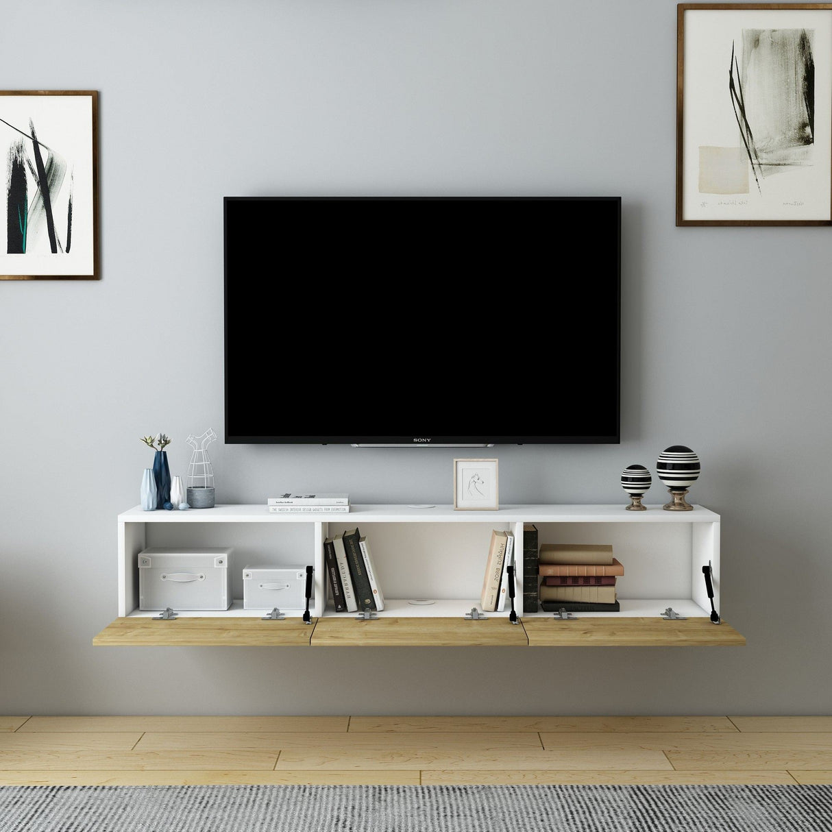 Comodă TV Denby, Diverse culori, 160x31x30 cm - Alb - Stejar | SKU: 935CMN1459 | Comodă TV Denby, 160x31x30 cm, varianta Alb - Stejar, produs pentru amenajarea locuinței, disponibil online în România la CasaMob