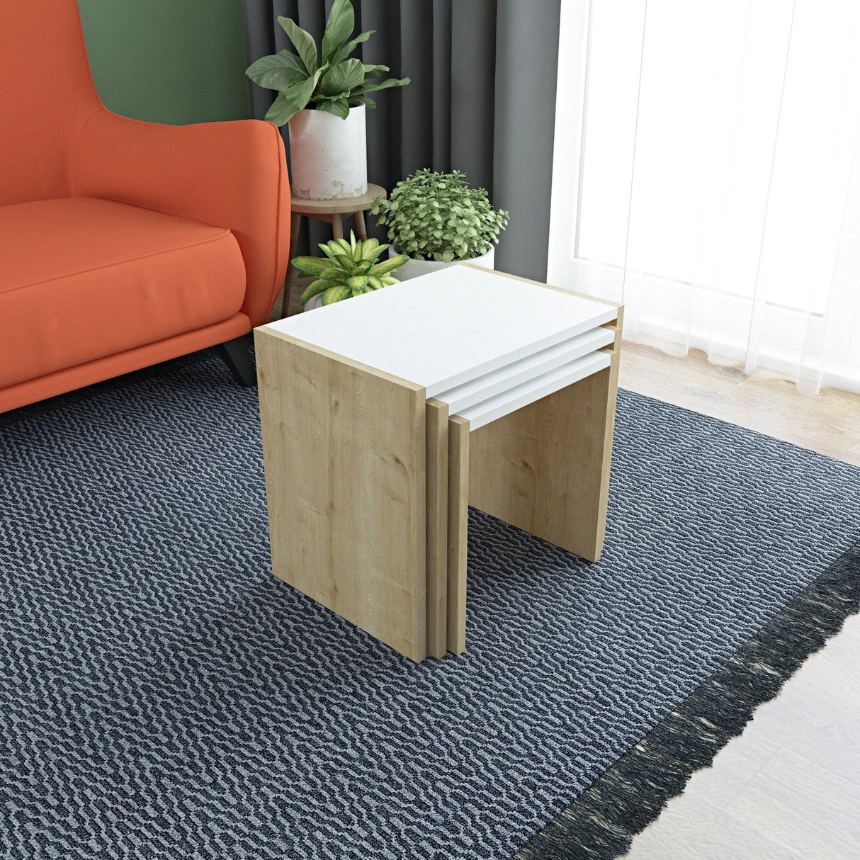 Măsuță de cafea Nora, Diverse culori, 49x35x45 cm - Stejar - Alb | SKU: 935CMN2203 | Măsuță de cafea Nora, 49x35x45 cm, varianta Stejar - Alb, produs pentru amenajarea locuinței, disponibil online în România la CasaMob