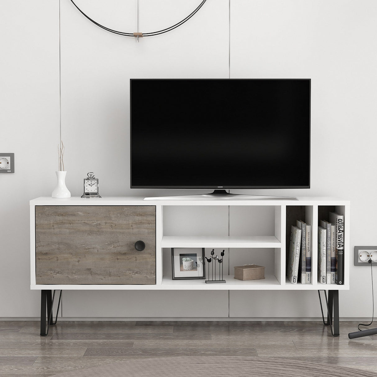 Comodă TV Arven, Diverse culori, Diverse dimensiuni - Alb - Gri închis - 120x25x52 cm | SKU: 935CMN2305 | Comodă TV Arven, varianta Alb - Gri închis - 120x25x52 cm, produs pentru amenajarea locuinței, disponibil online în România la CasaMob